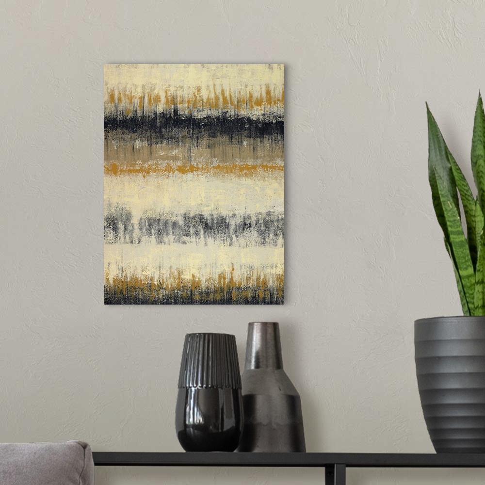 A modern room featuring Vertical abstract of horizontal rows of textured lines in black, beige and mustard colors.