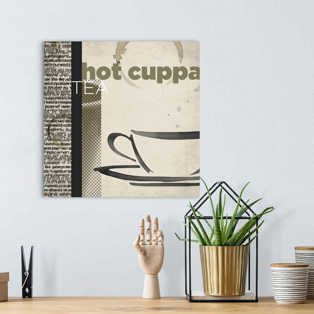 A bohemian room featuring Decorative artwork of a cup and text on the side with "Hot Cuppa Tea".