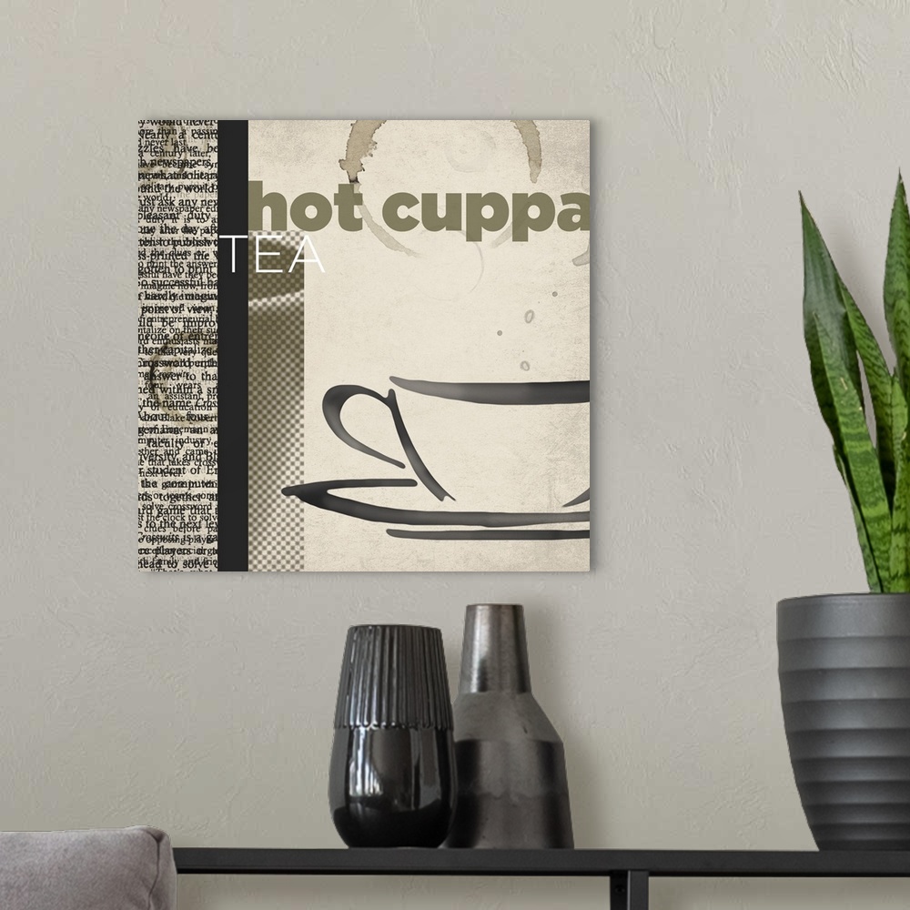 A modern room featuring Decorative artwork of a cup and text on the side with "Hot Cuppa Tea".