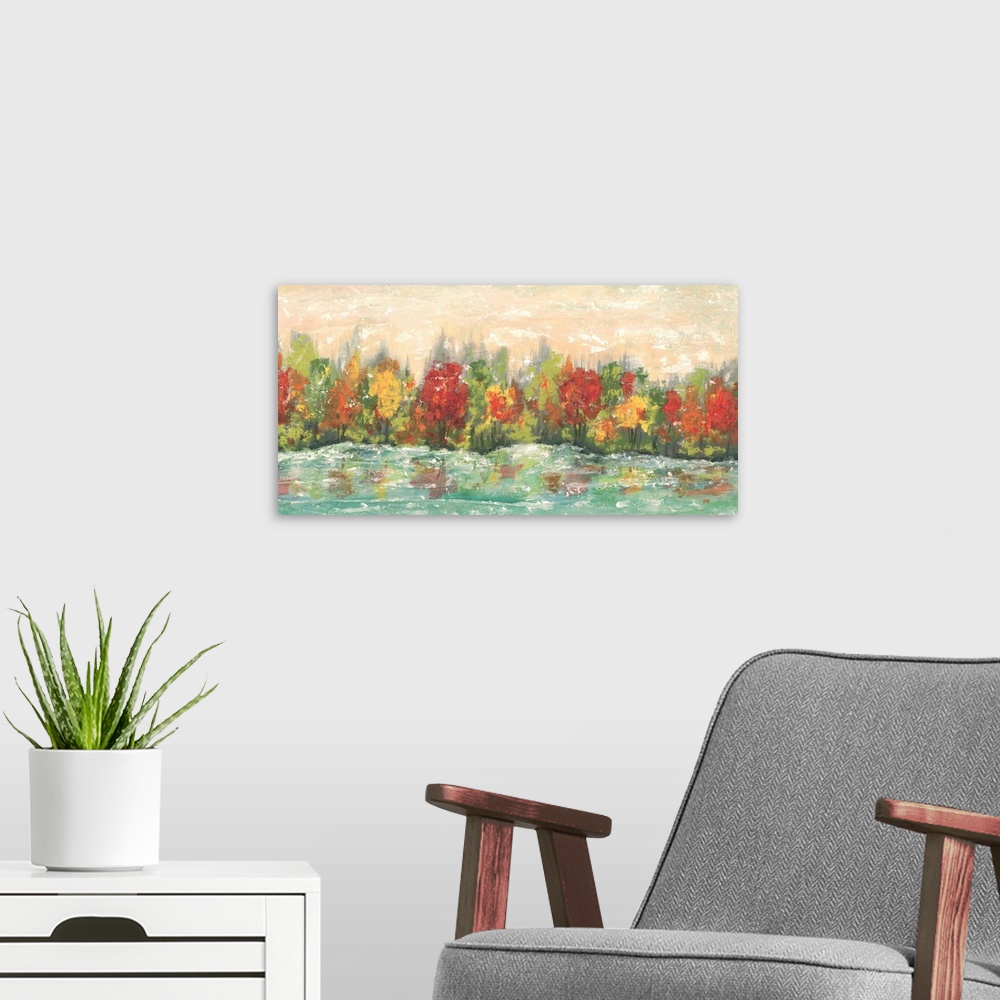 A modern room featuring Contemporary painting of a forest in the fall reflecting in the water.