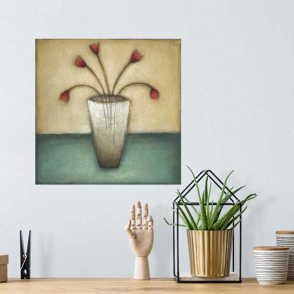 A bohemian room featuring Contemporary painting of red tulips within a vase in soften tones of brown, red and blue.