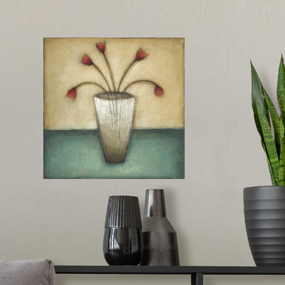 A modern room featuring Contemporary painting of red tulips within a vase in soften tones of brown, red and blue.