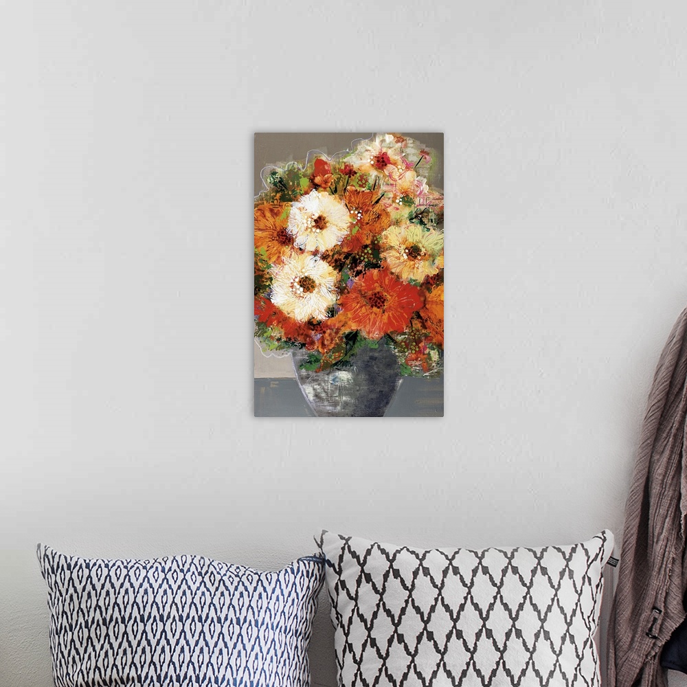 A bohemian room featuring A complementary painting of a large vase of bright orange and yellow flowers in a textured pattern.
