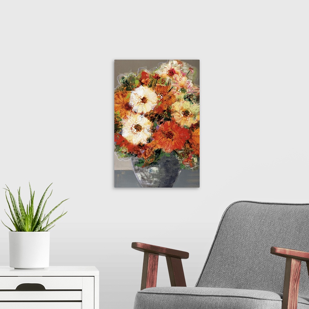 A modern room featuring A complementary painting of a large vase of bright orange and yellow flowers in a textured pattern.