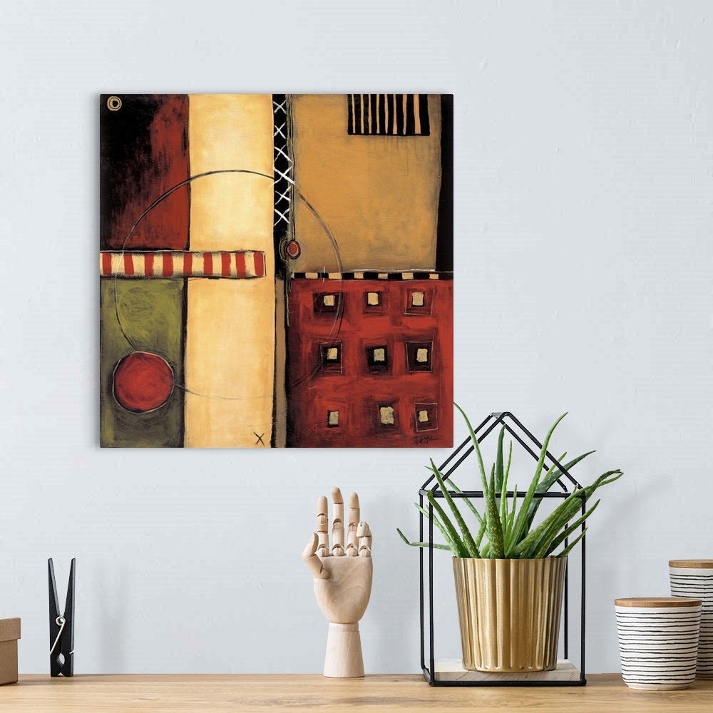 A bohemian room featuring Abstract painting of squared shapes overlapped with circular and "x" elements all done in warm ea...