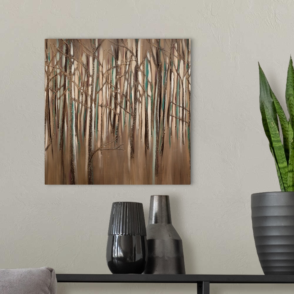 A modern room featuring Contemporary painting of a forest of trees in textured lines of brown, teal and cream.