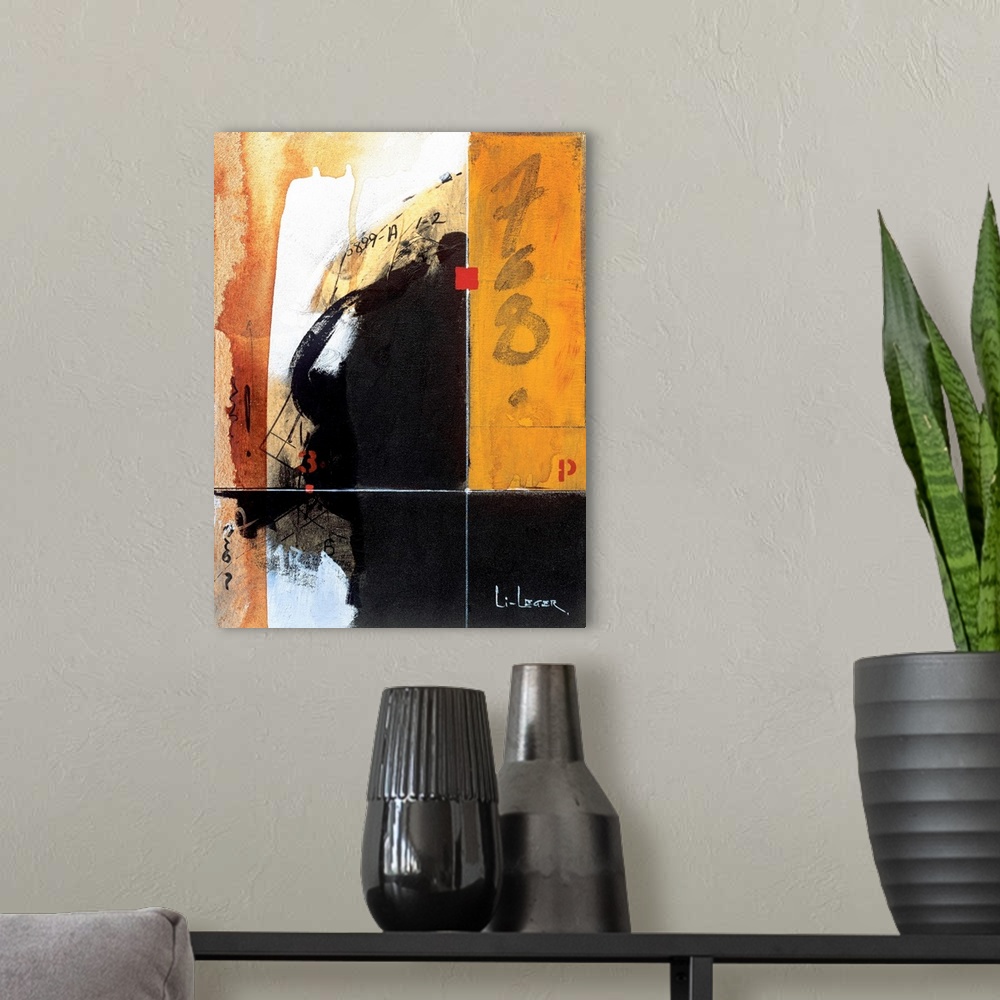 A modern room featuring Abstract painting of textured colors of black, red, yellow and orange.