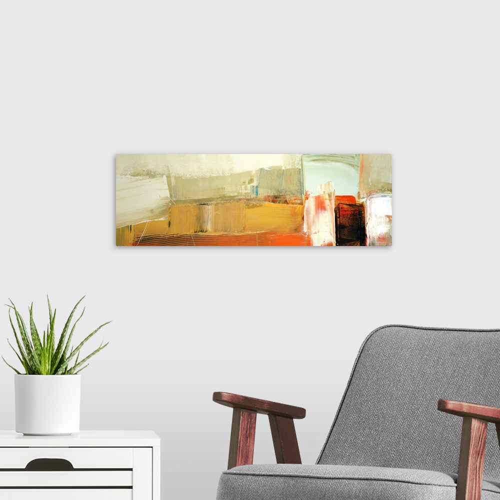 A modern room featuring A horizontal abstract painting in vibrant textured colors of orange, yellow and black in box shapes.