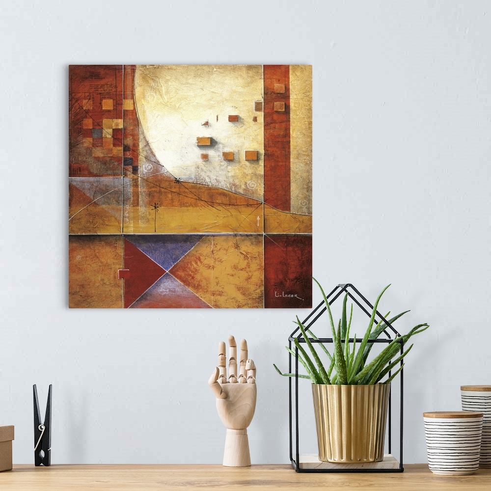 A bohemian room featuring Abstract painting of squared shapes overlapped and "x" elements, all done in warm earth tones.