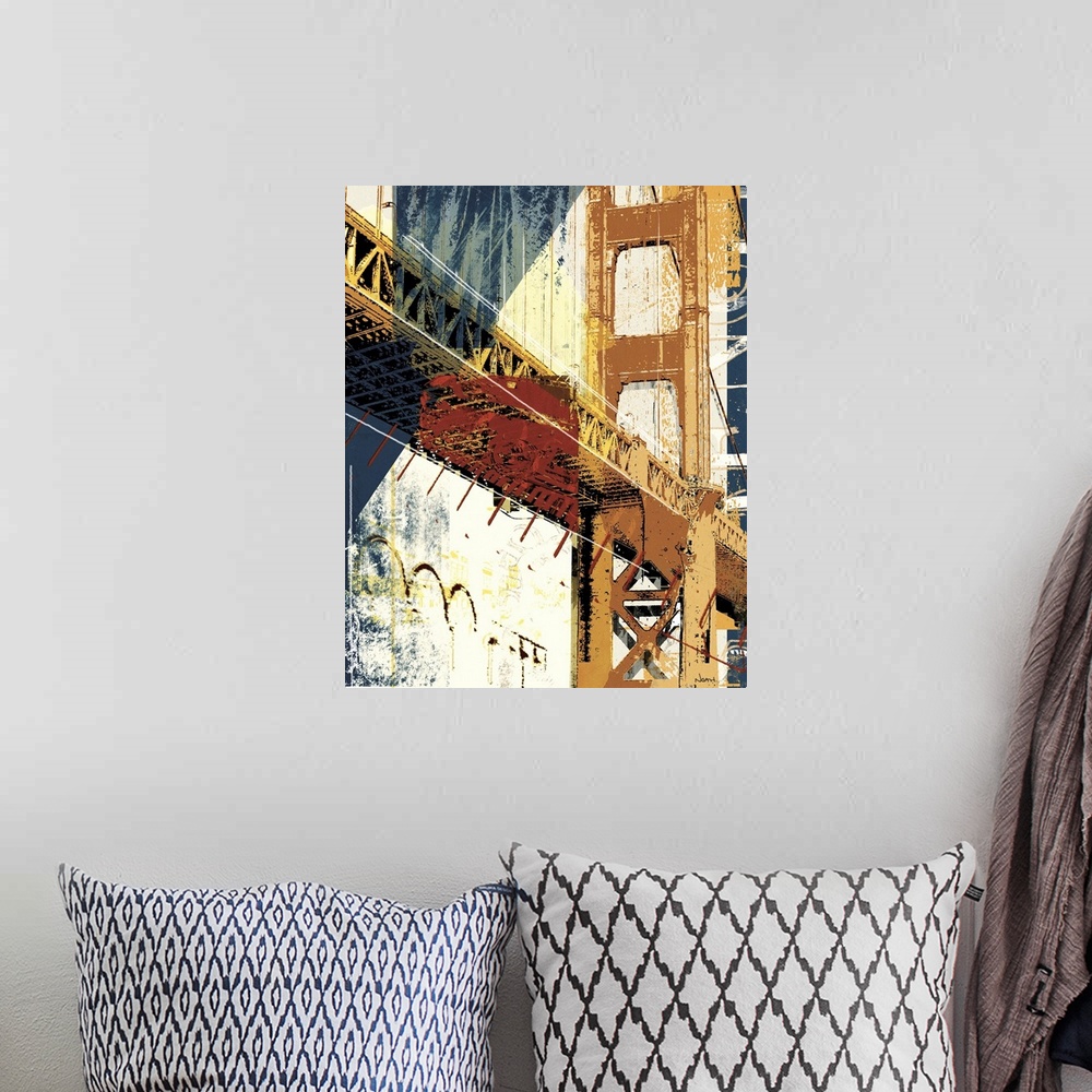 A bohemian room featuring Contemporary artwork of a bridge into Manhattan in textures and vibrant colors.