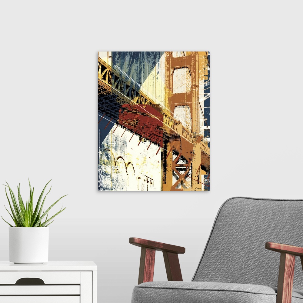 A modern room featuring Contemporary artwork of a bridge into Manhattan in textures and vibrant colors.