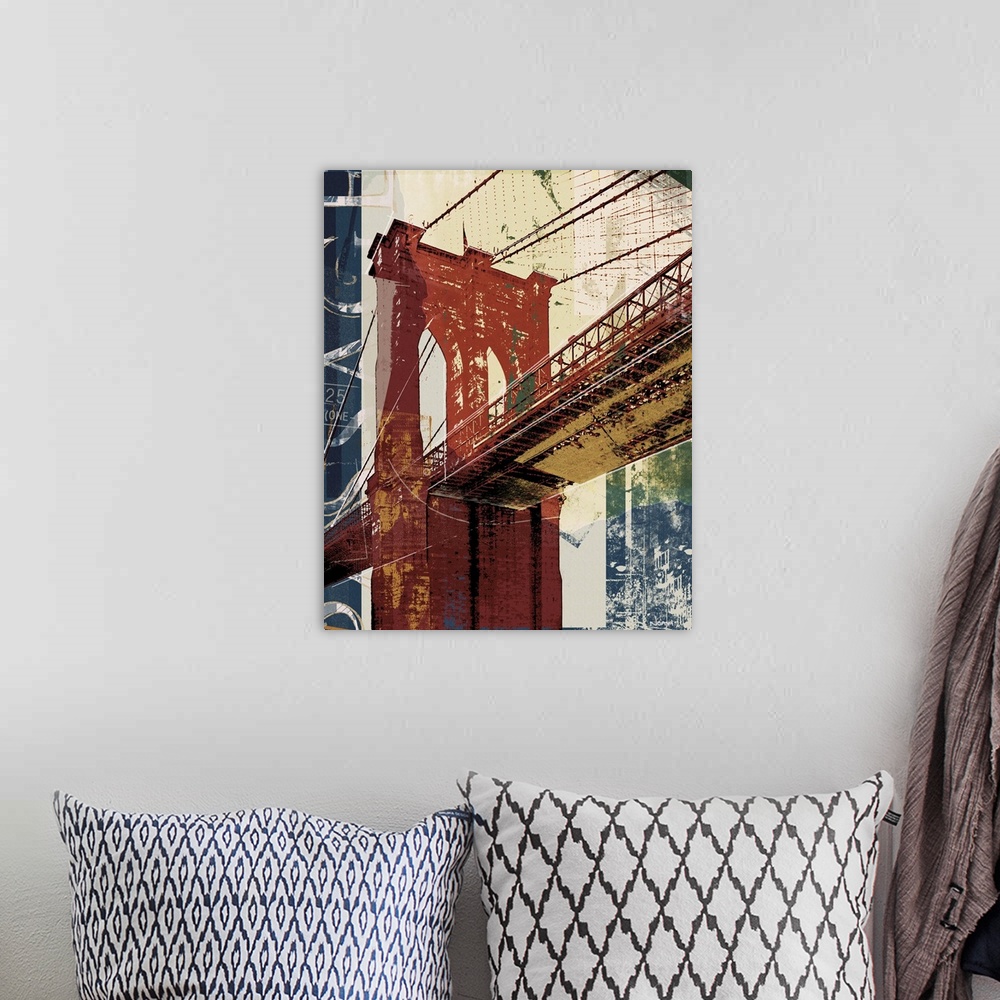 A bohemian room featuring Contemporary artwork of a bridge into Manhattan in textures and vibrant colors.