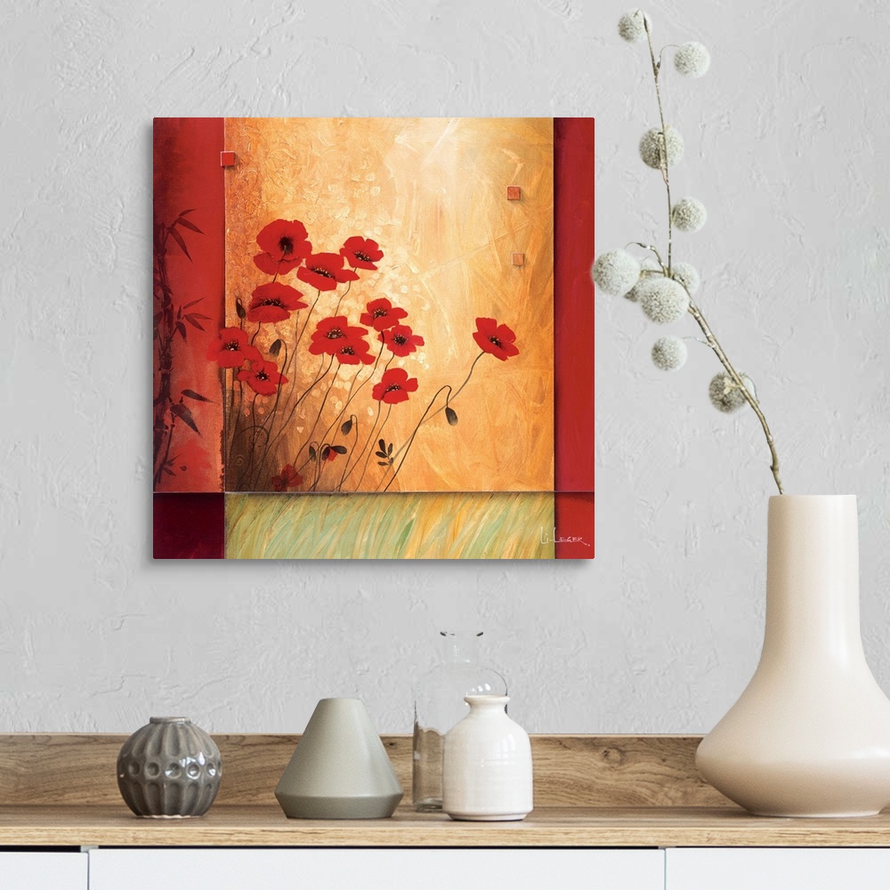 A farmhouse room featuring A contemporary painting of red poppies bordered with a square grid design.