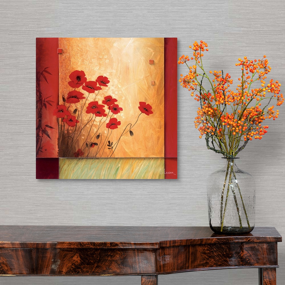 A traditional room featuring A contemporary painting of red poppies bordered with a square grid design.
