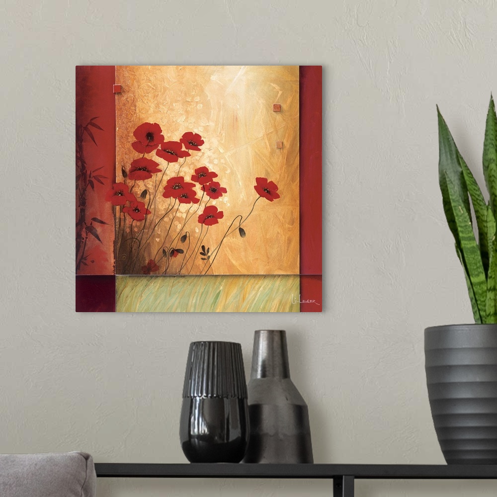 A modern room featuring A contemporary painting of red poppies bordered with a square grid design.