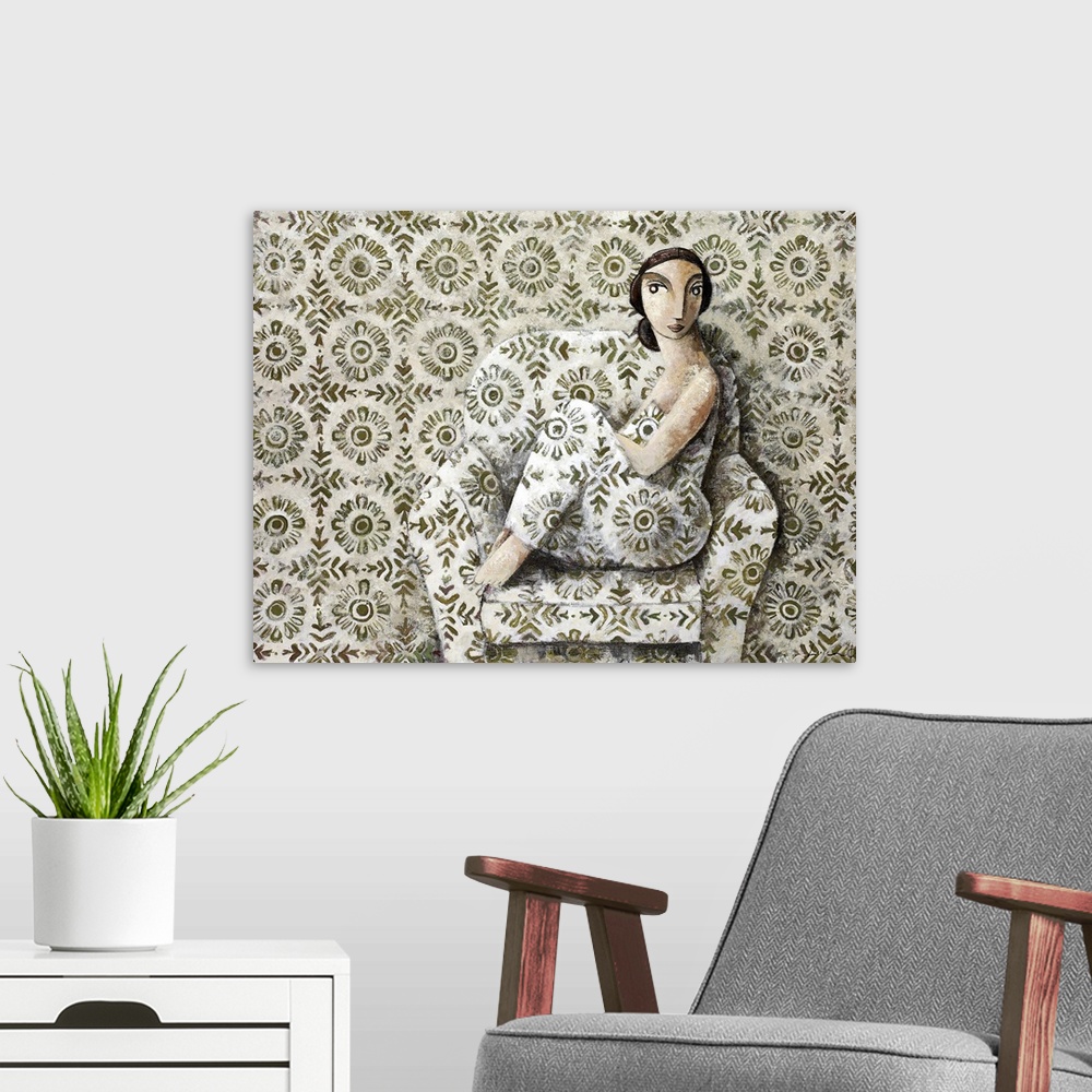 A modern room featuring A portrait of a woman sitting on a plush chair with a repetitive floral pattern on the chair, clo...