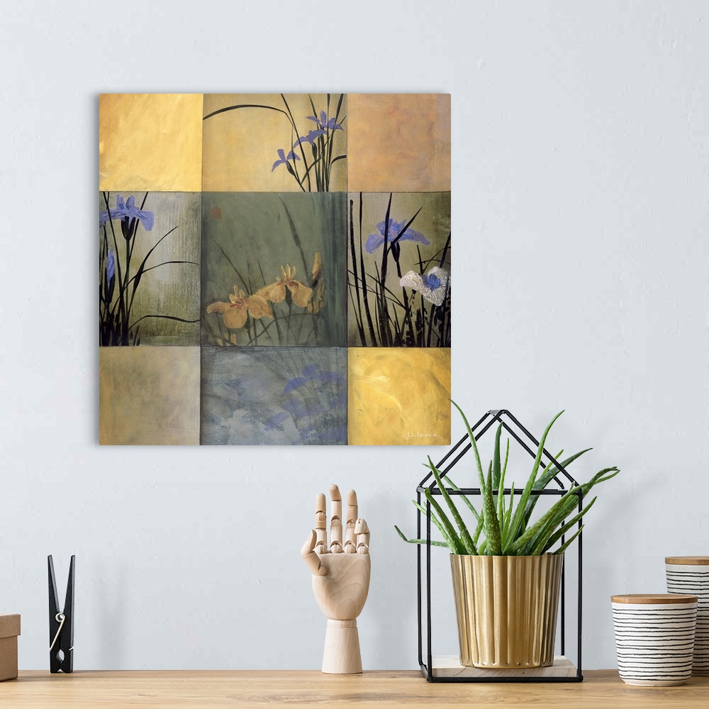 A bohemian room featuring Square painting of nine squares of irises in different colors and views.