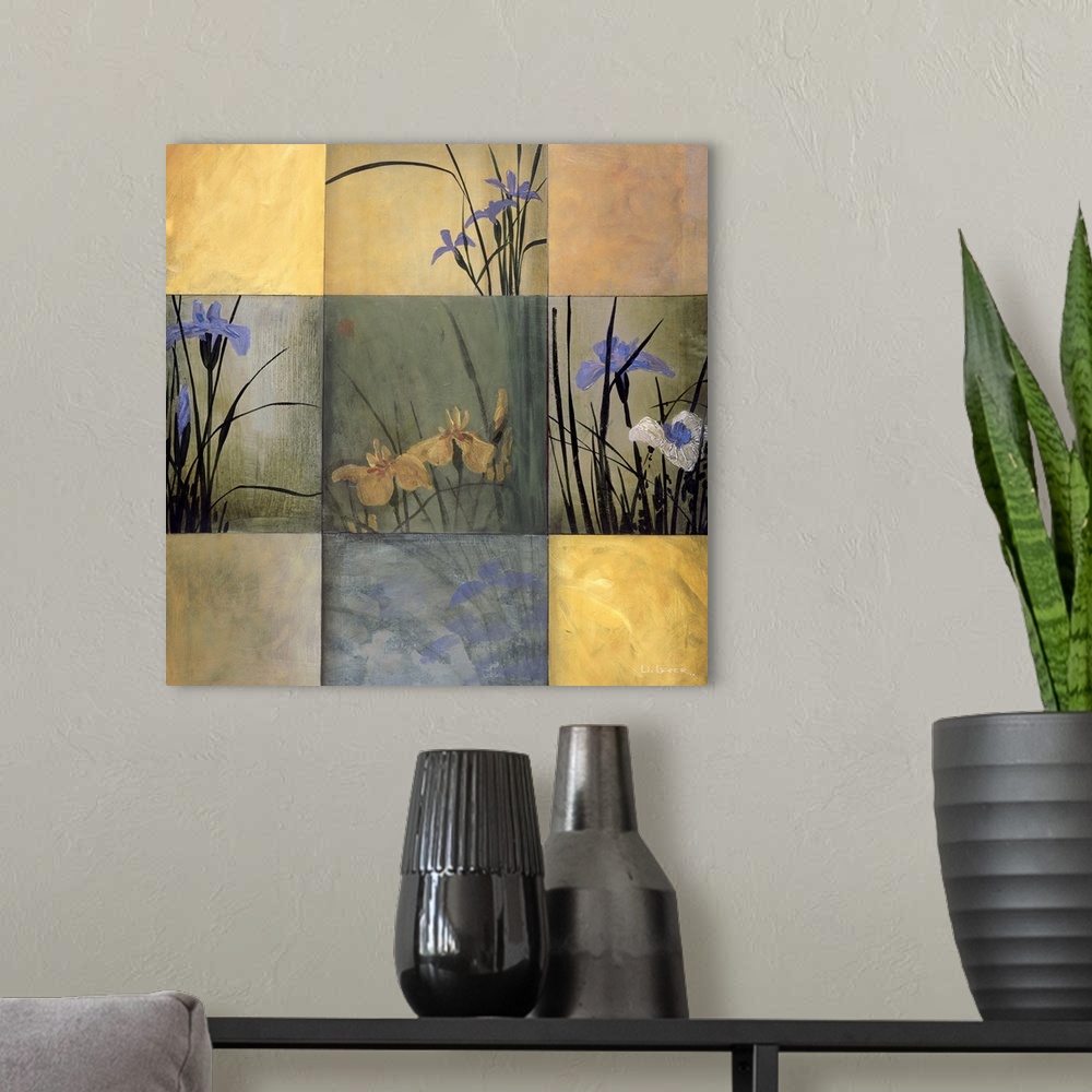 A modern room featuring Square painting of nine squares of irises in different colors and views.