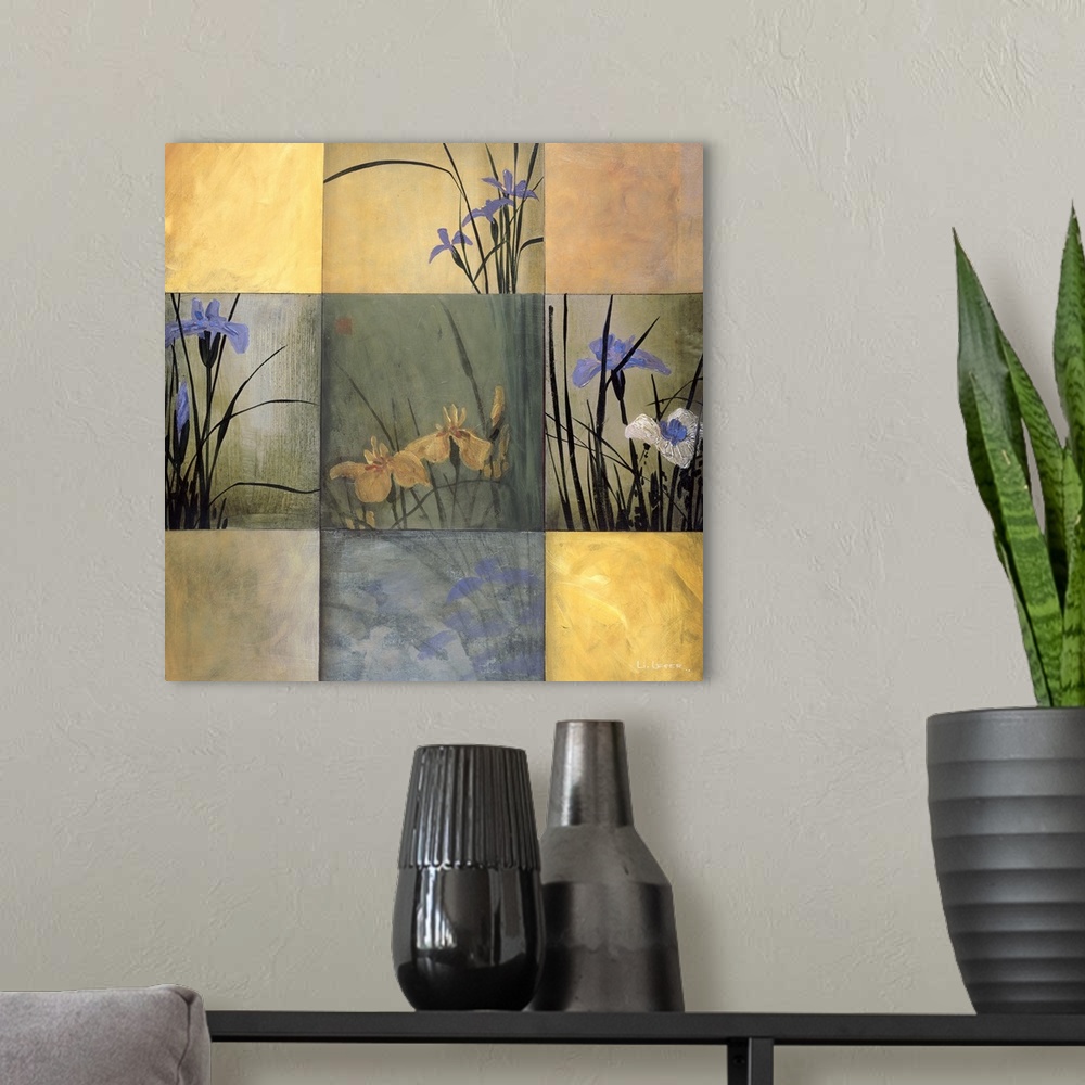 A modern room featuring A contemporary painting of irises in a nine square grid design.