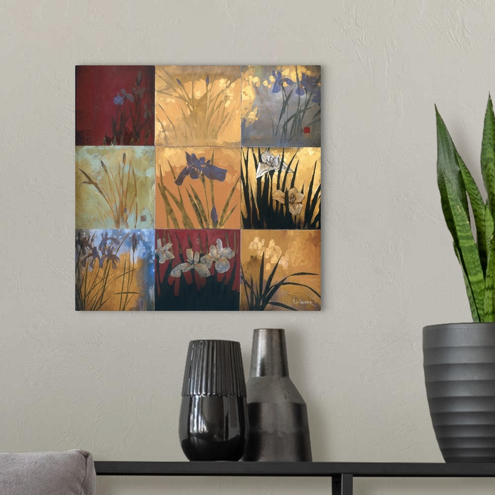 A modern room featuring Square painting of nine squares of irises in different colors and views.