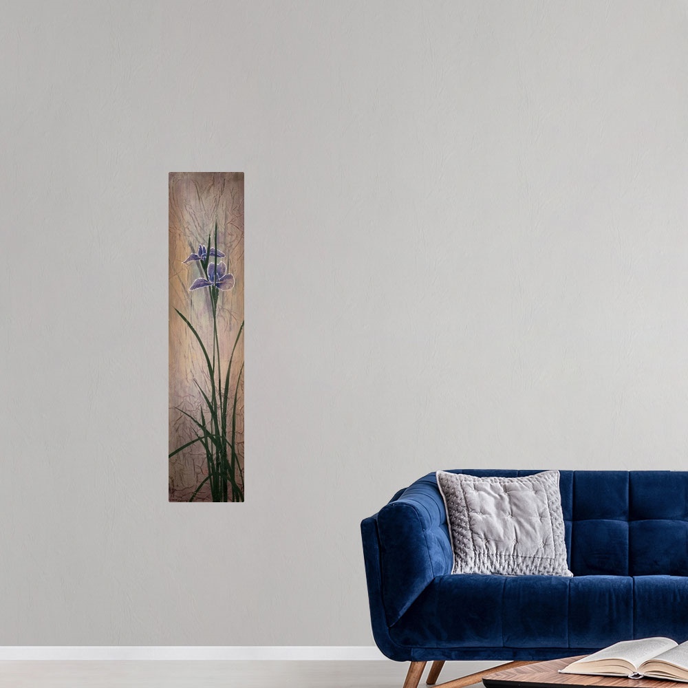 A modern room featuring A long, slim vertical painting of a group of purple irises on a neutral backdrop with small faint...