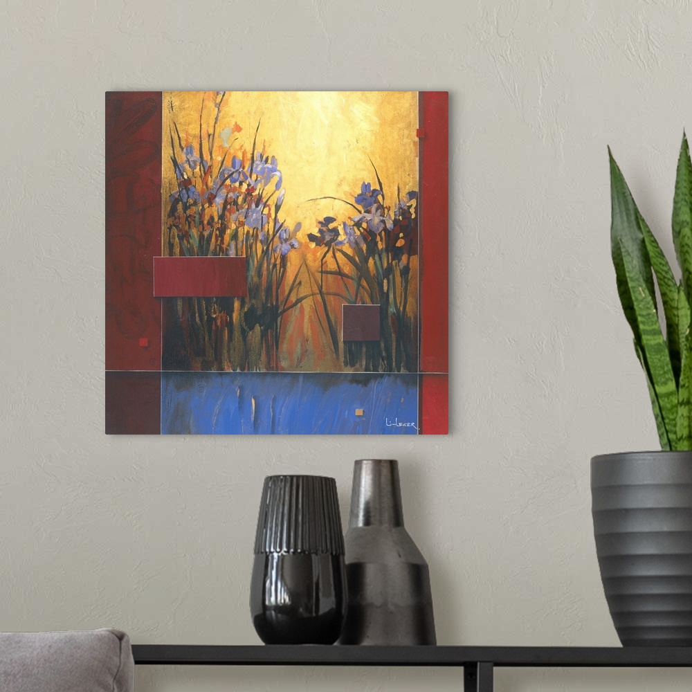 A modern room featuring A contemporary Asian theme painting with irises and a square grid design.