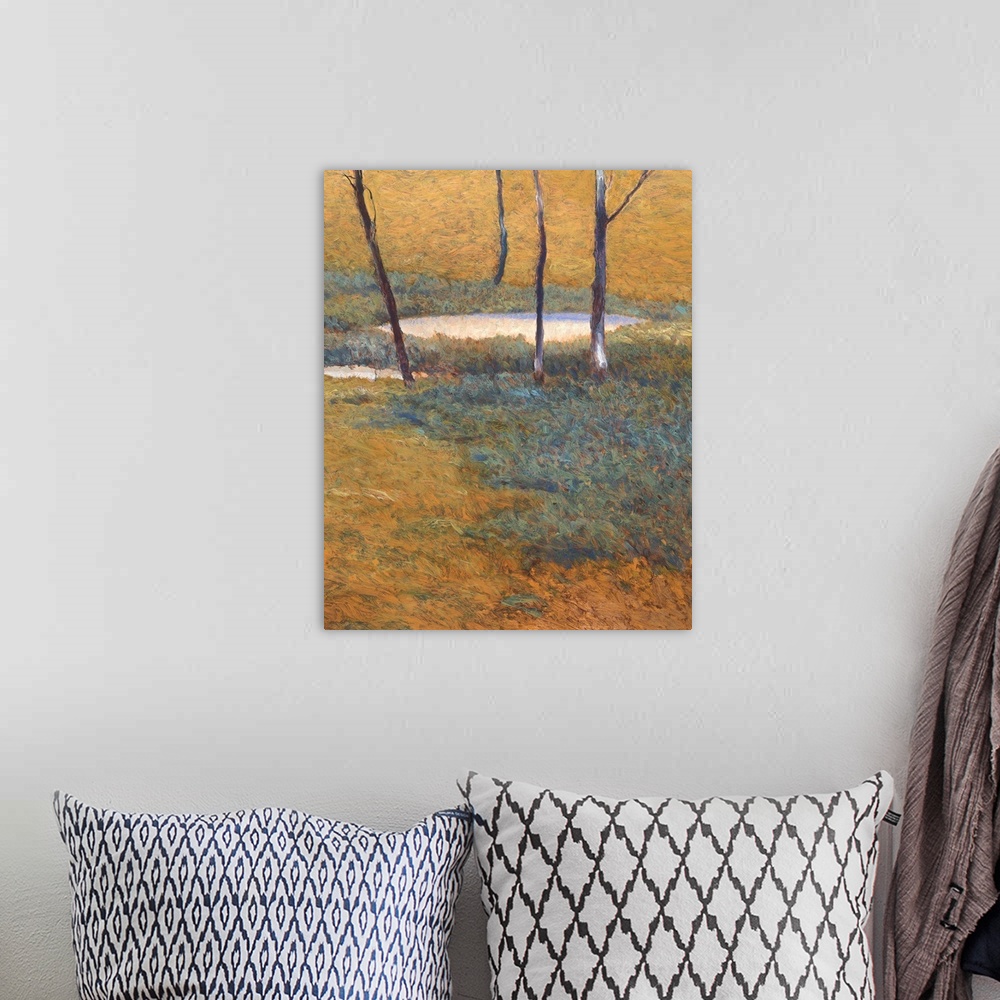 A bohemian room featuring Vertical painting of a small pond surround by thin trees done with small, short brush strokes.