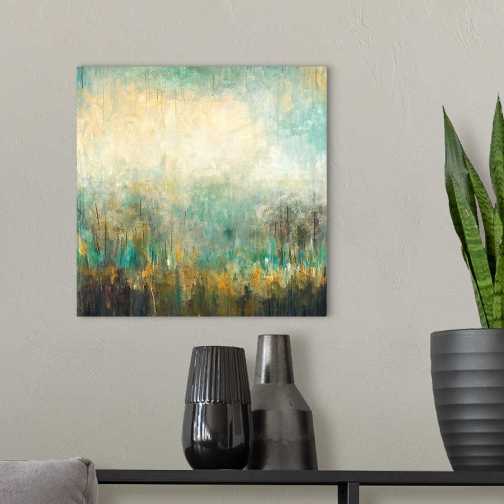 A modern room featuring Square abstract painting in textured colors of green, yellow, blue and gray.