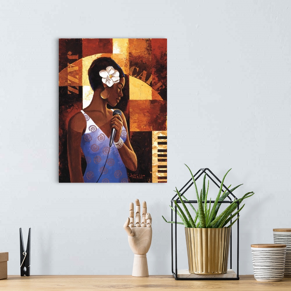 A bohemian room featuring Contemporary painting of a jazz singer holding a microphone.