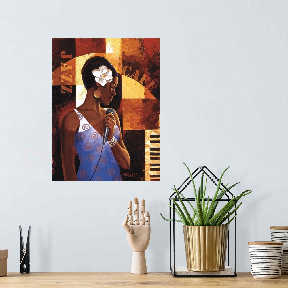 A bohemian room featuring Contemporary painting of a jazz singer holding a microphone.