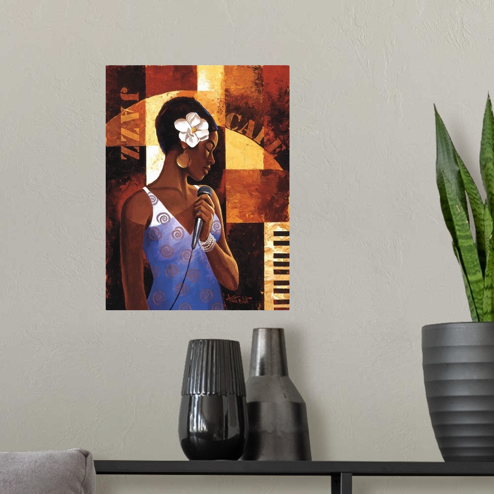 A modern room featuring Contemporary painting of a jazz singer holding a microphone.