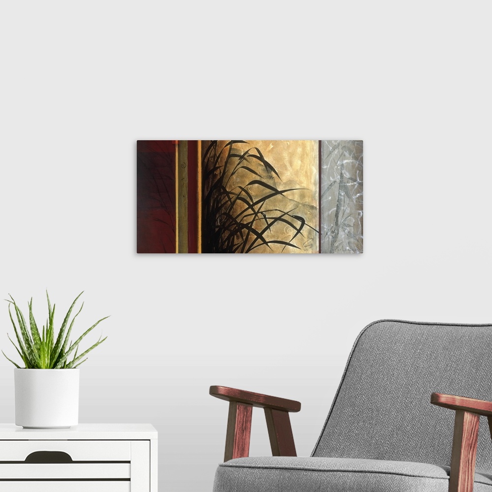 A modern room featuring A contemporary painting of bamboo bordered with a paneled design.