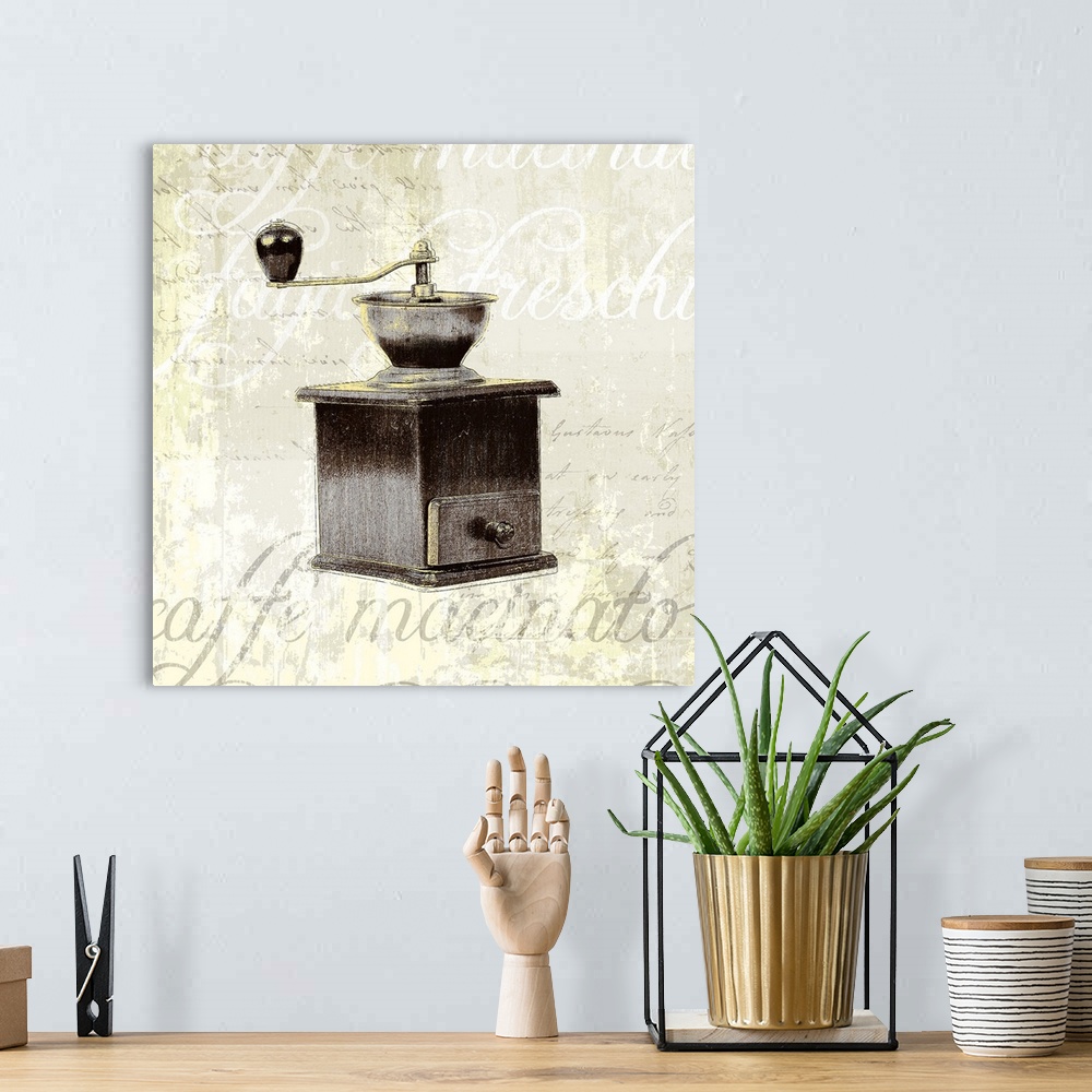 A bohemian room featuring Decorative artwork of a vintage coffee grinder on a beige backdrop that has distressed text in wh...