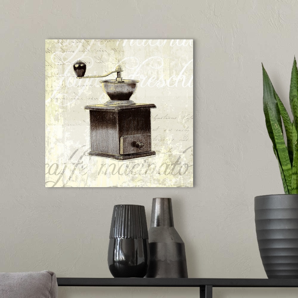 A modern room featuring Decorative artwork of a vintage coffee grinder on a beige backdrop that has distressed text in wh...