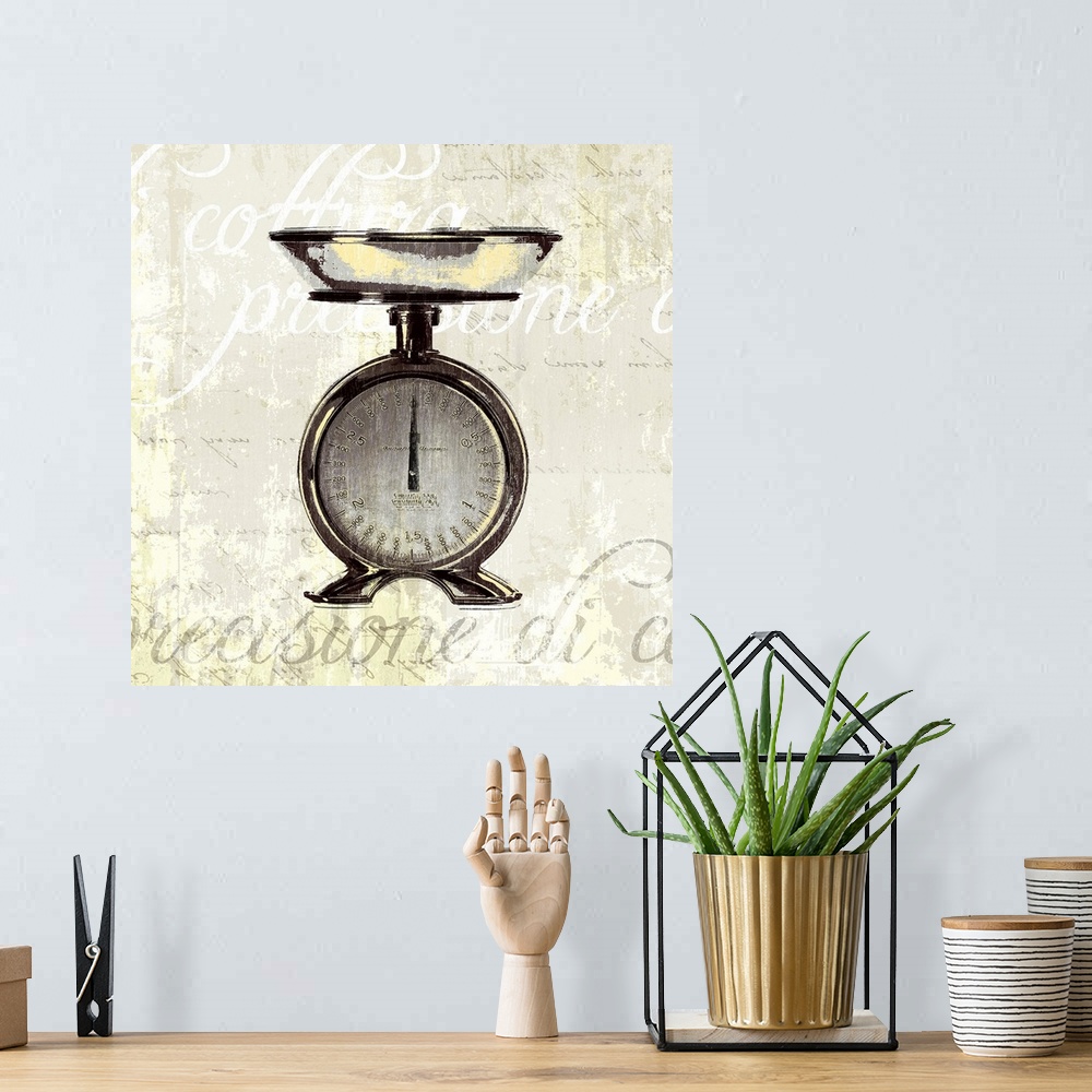 A bohemian room featuring Decorative artwork of a kitchen weight scale on a beige backdrop that has distressed text in whit...