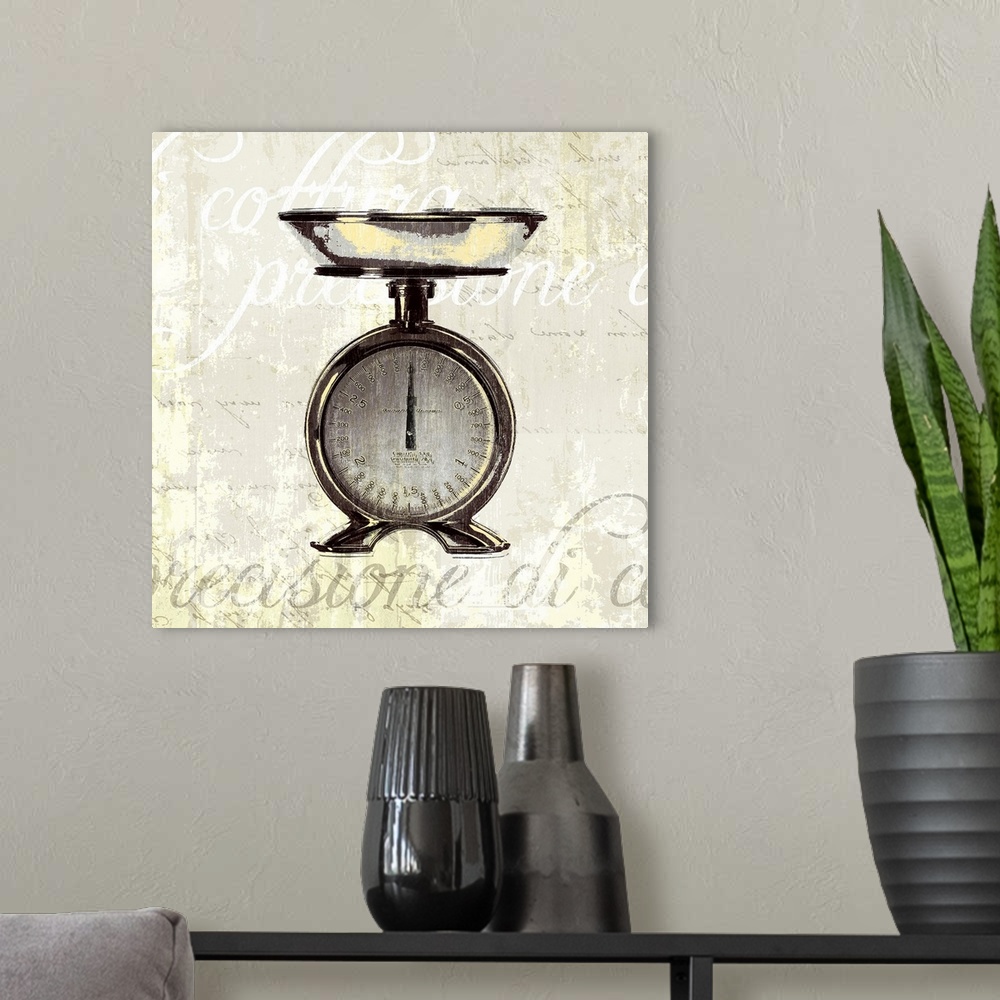 A modern room featuring Decorative artwork of a kitchen weight scale on a beige backdrop that has distressed text in whit...