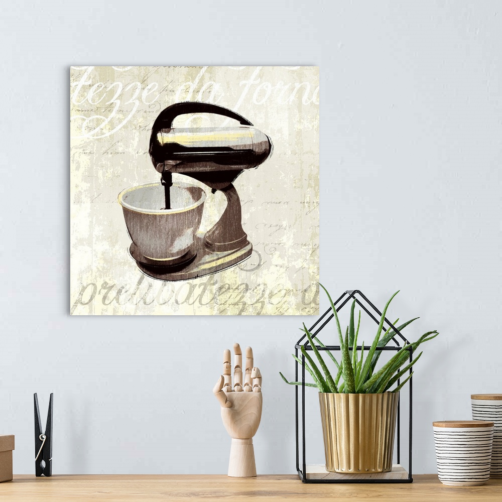 A bohemian room featuring Decorative artwork of a kitchen mixer on a beige backdrop that has distressed text in white and g...