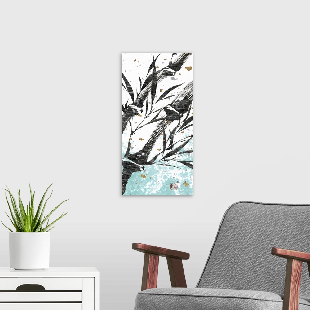 A modern room featuring A close up of bamboo stocks in a calligraphy style with speckled tea in the background and white ...