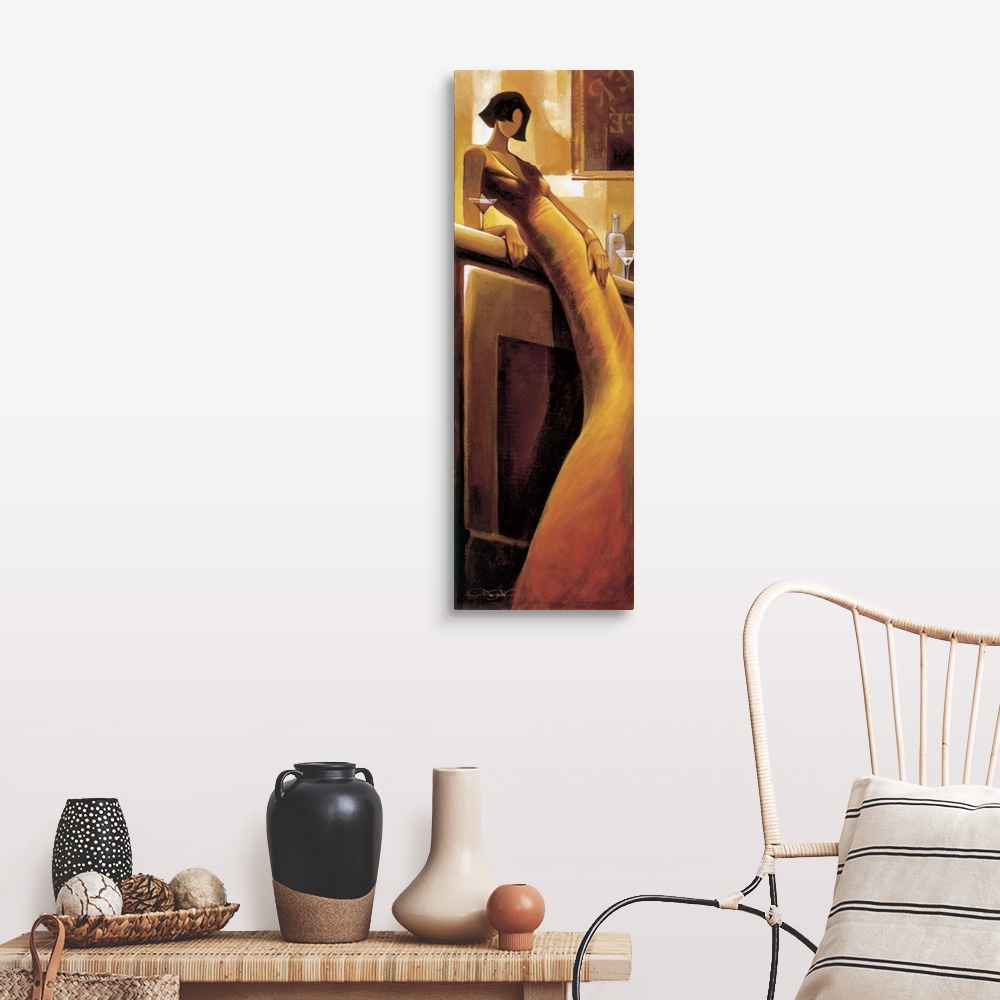 A farmhouse room featuring Contemporary artwork of a woman wearing a long gown in golden light.