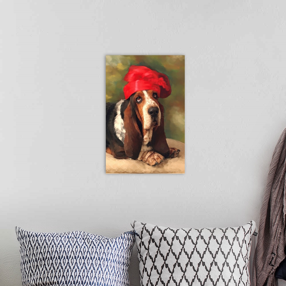 A bohemian room featuring A portrait of a bassinet hound with a red chef hat on his head.