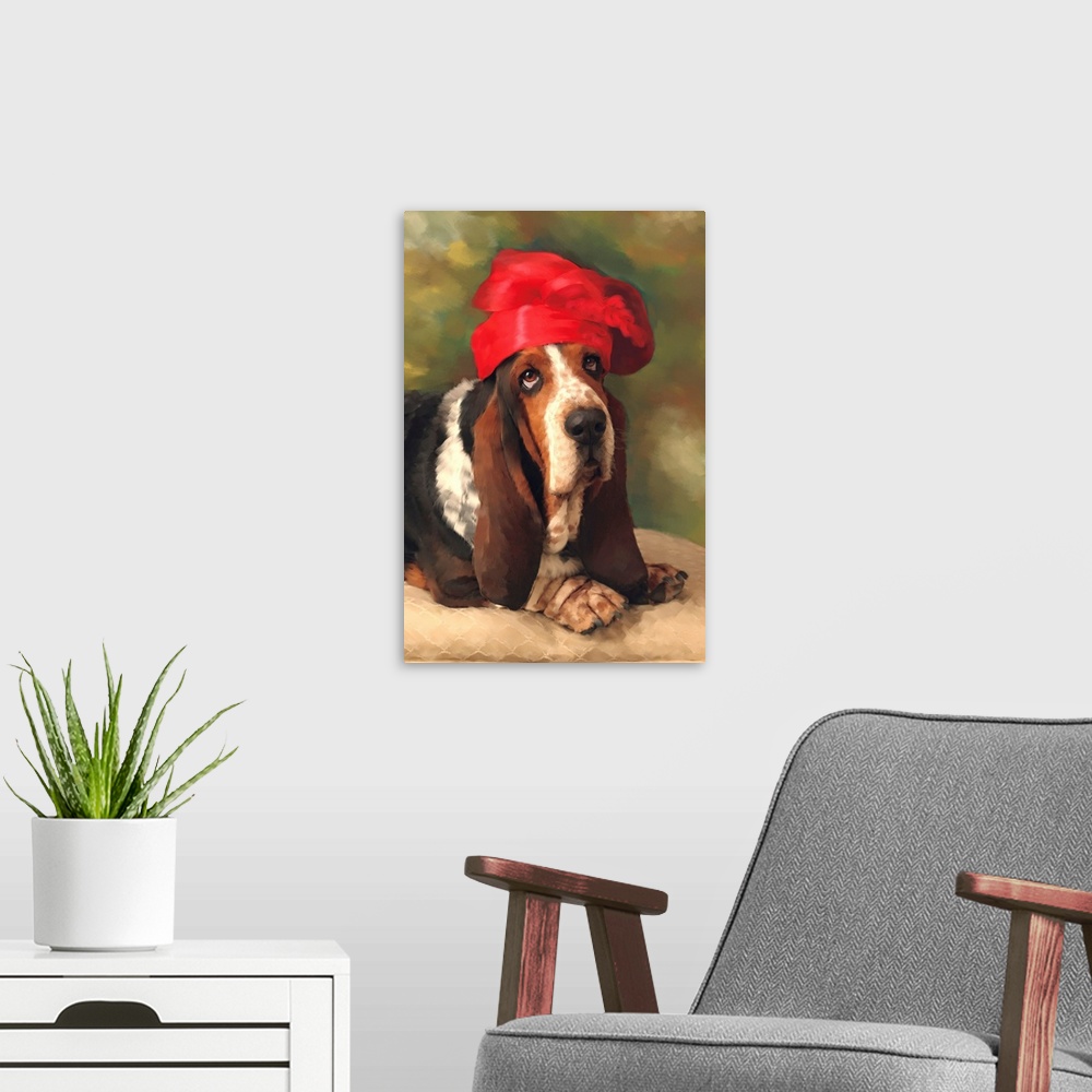 A modern room featuring A portrait of a bassinet hound with a red chef hat on his head.