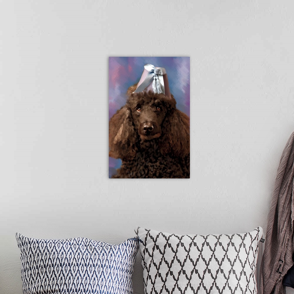 A bohemian room featuring A portrait of a poodle with a hat on his head.