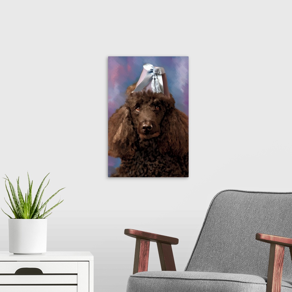 A modern room featuring A portrait of a poodle with a hat on his head.