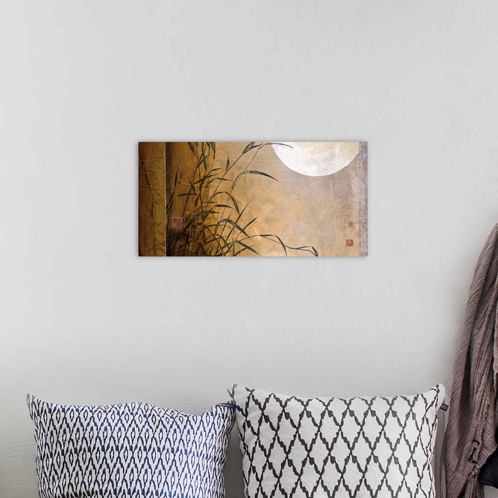 A bohemian room featuring A contemporary painting with bamboo and the moon with a rectangle border on the left.