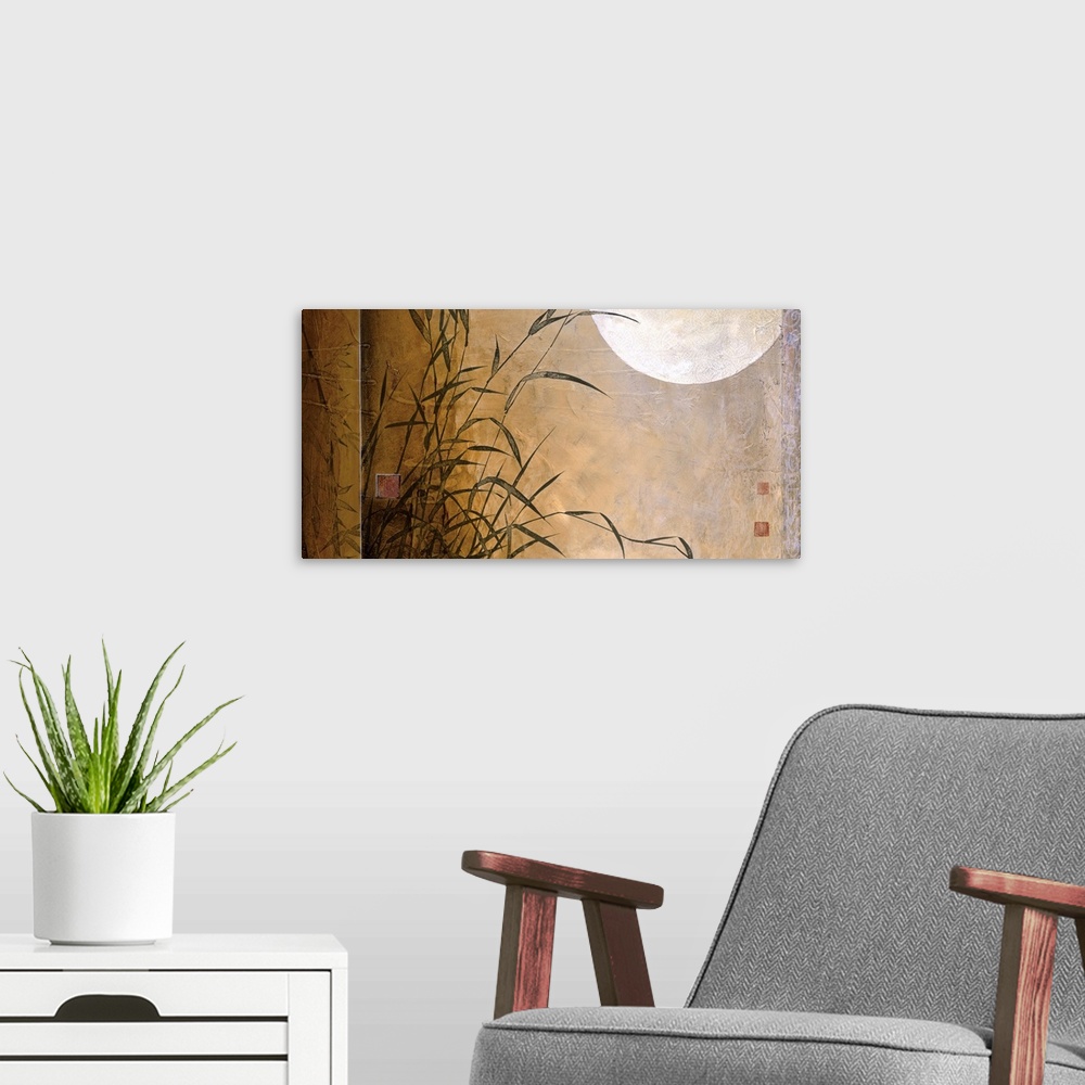 A modern room featuring A contemporary painting with bamboo and the moon with a rectangle border on the left.