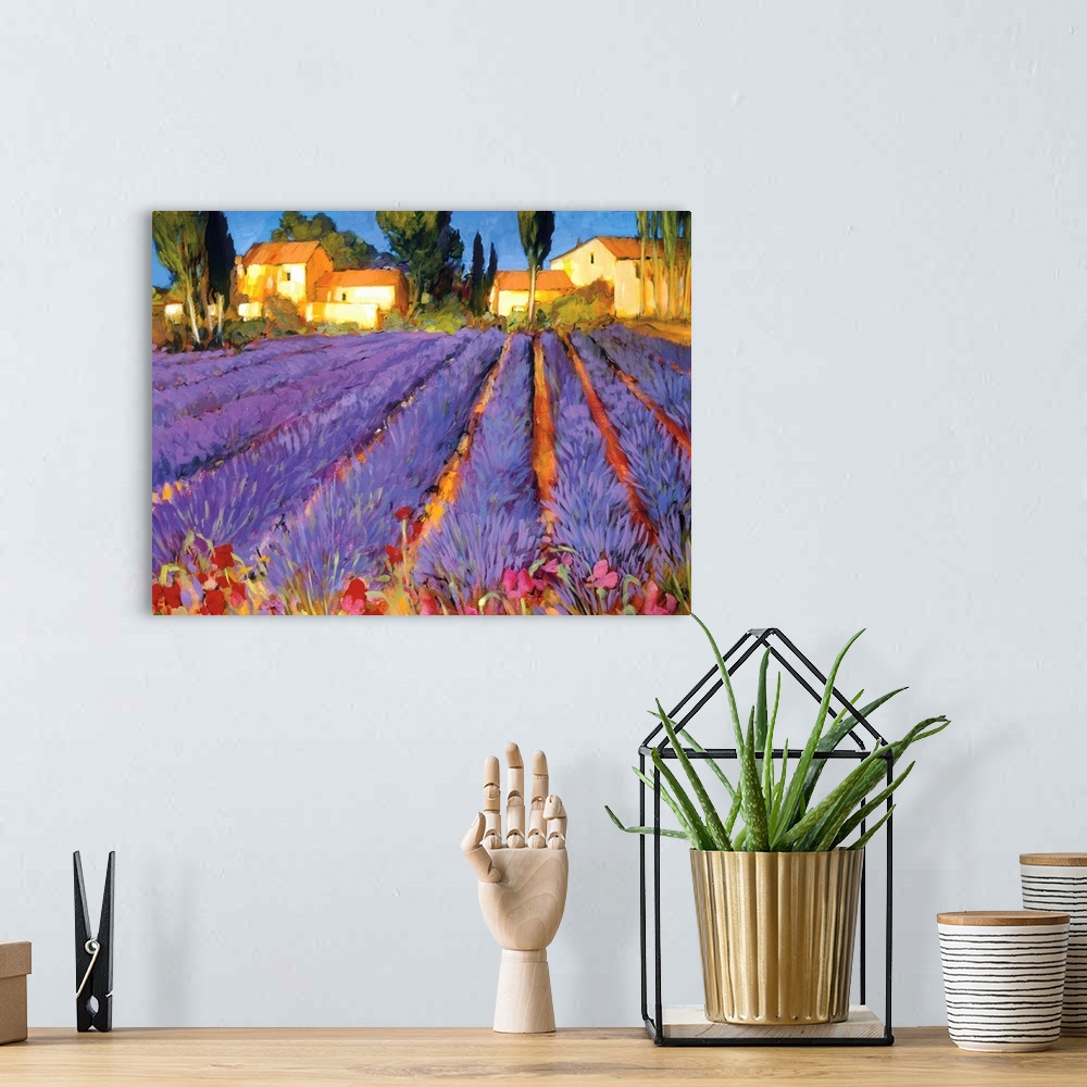 A bohemian room featuring A contemporary landscape of lavender fields in the country with a row of buildings and trees in t...