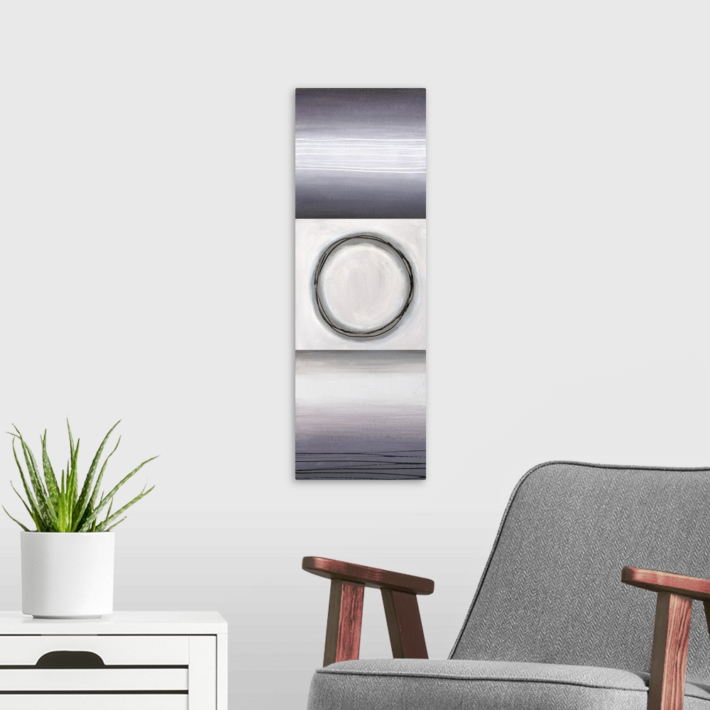 A modern room featuring A long vertical design of a circle bordered with squares having fine horizontal lines in hues of ...