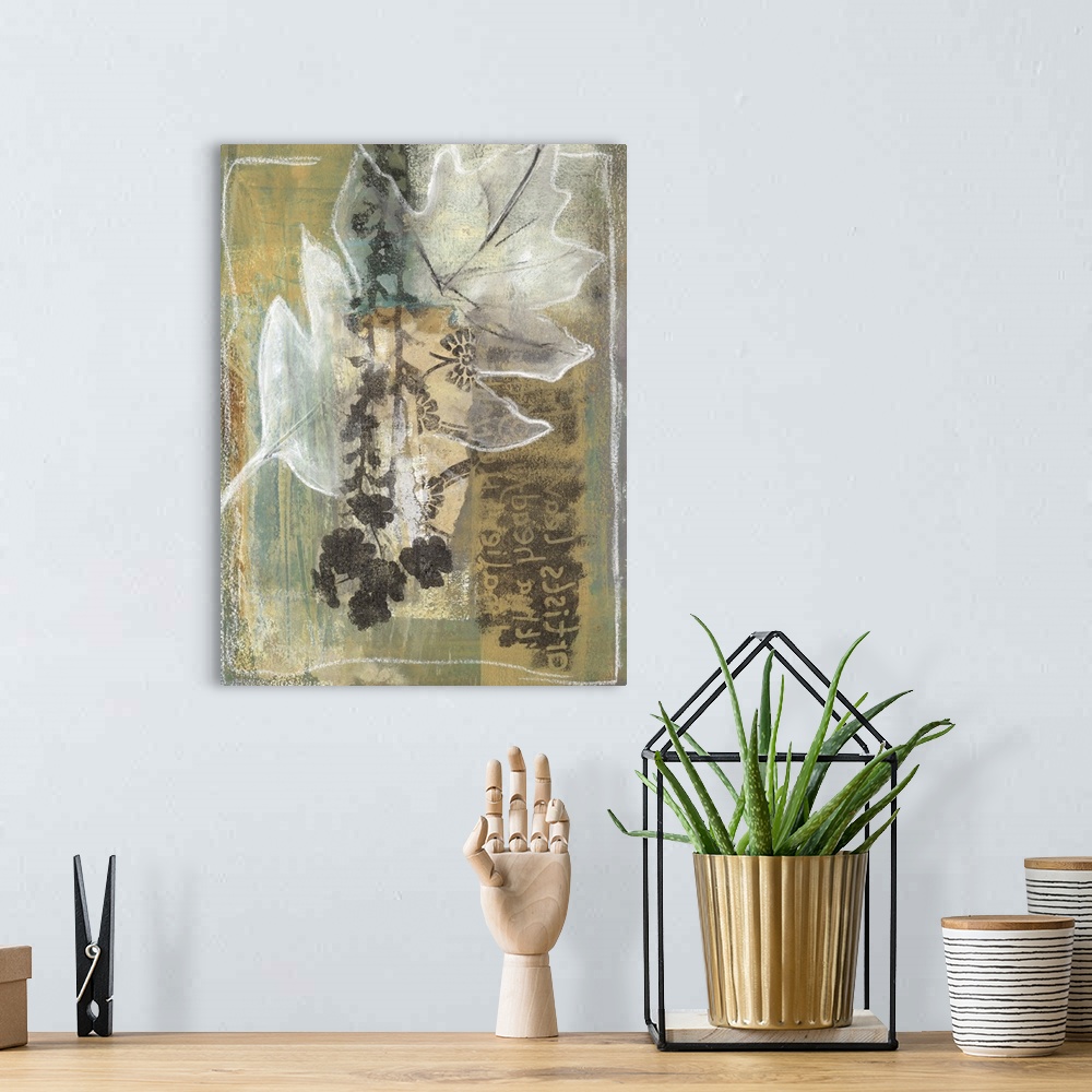 A bohemian room featuring A vertical painting of layered elements such as a leaf, flowers and text in natural colors like y...