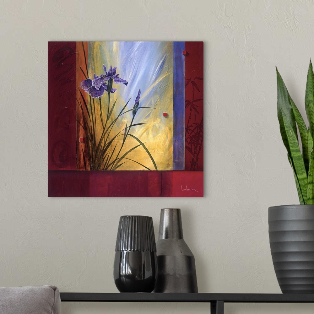 A modern room featuring A contemporary painting of purple irises with a square grid design border.