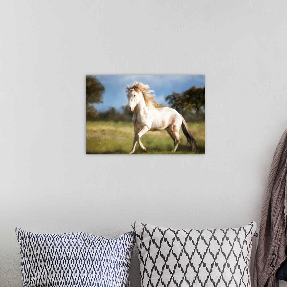 A bohemian room featuring An image of a white horse trotting through a grassy field.